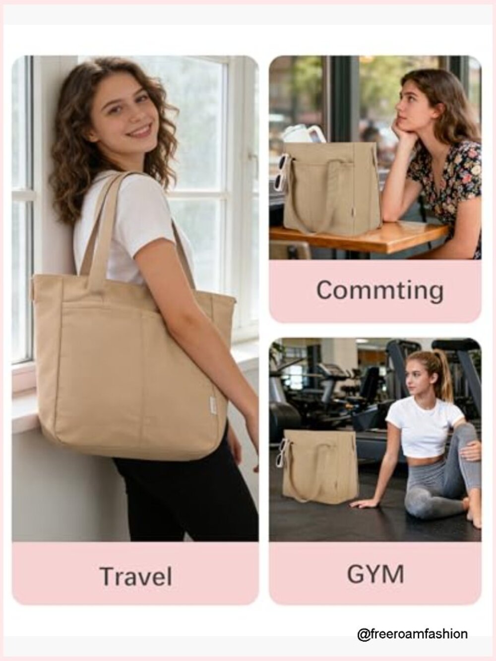 Large Foldable Tote Bag with Tumbler Holder for Work Travel School - Picture 5 of 7